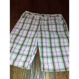 Girls Size 16 J Khaki Bermuda Long Shorts Pink Brown Green Plaid with Pockets
